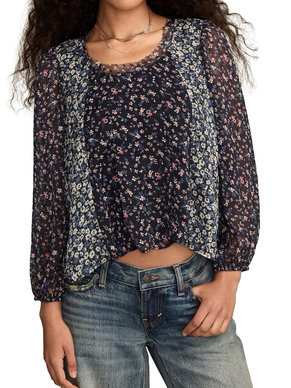 Lucky Brand Navy Mixed Floral Sheer Peasant Blouse